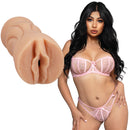 Signature Strokers Cami Strella Ultraskyn Pocket Pussy next to model in pink lingerie.