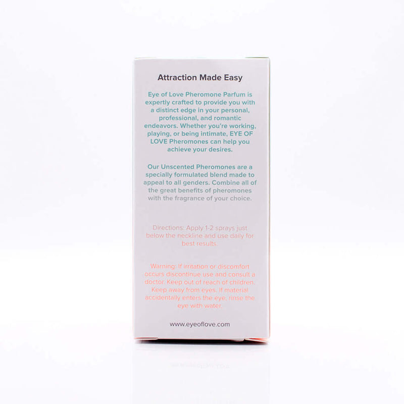 Eye of Love Unscented Pheromone Parfum Attract Them 1.67 Oz packaging with directions and attraction tips.