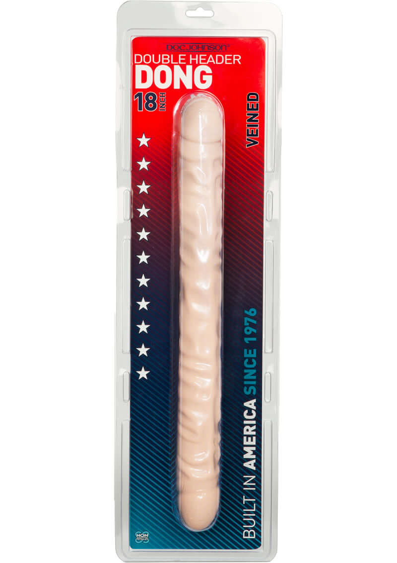18-Inch Veined Double Header Dong in packaging - lifelike dual-end pleasure toy in white for enhanced sensations.