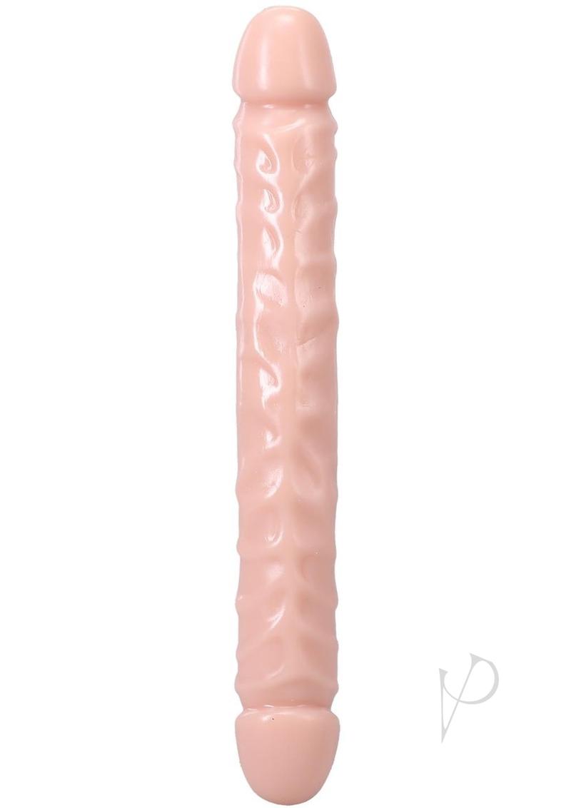 Jr Veined Double Header Dildo 12 inches Vanilla displayed in a soft pink color, featuring realistic veined texture.