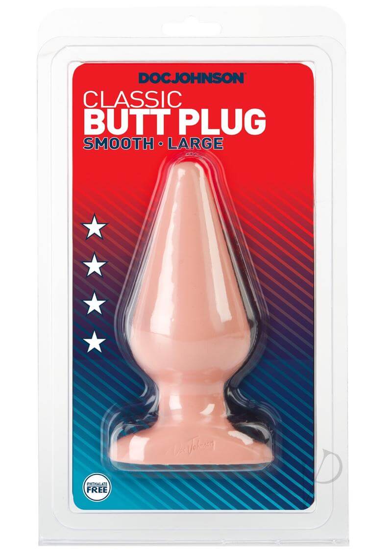 Doc Johnson's Classic Large Butt Plug in packaging with smooth texture for anal play beginners.