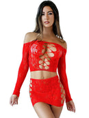Dream lace sleeve red lingerie set featuring an off-shoulder top and a matching skirt for a seductive look.