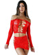 Dream lace sleeve red lingerie set featuring an off-shoulder top and a matching skirt for a seductive look.