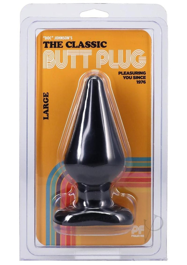Doc Johnson Classic Butt Plug Large Black packaging featuring a large black butt plug for anal pleasure.