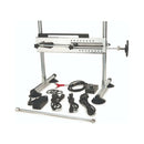 Me You Us UltraCock Sex Machine with adjustable rods, power cables, and accessory components laid out on a white background.