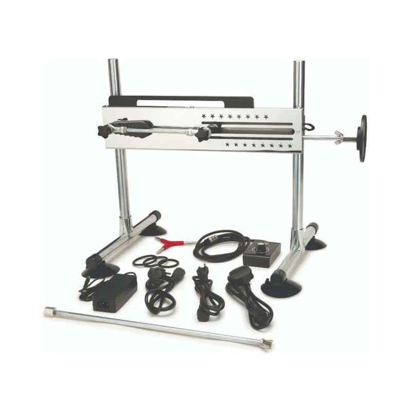 Me You Us UltraCock Sex Machine with adjustable rods, power cables, and accessory components laid out on a white background.