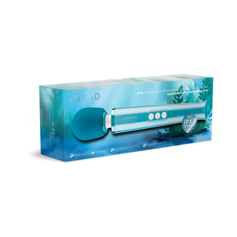 Le Wand Dive Submersible Rechargeable Vibrating Massager packaging with waterproof IPX8 design.