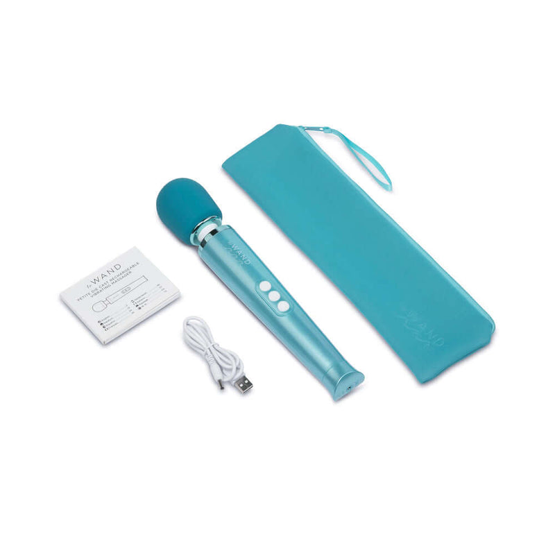 Le Wand Dive Submersible Rechargeable Vibrating Massager in teal color with storage pouch and accessories.