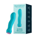 FemmeFunn Sormi Flickering Bullet Vibrator Turquoise next to packaging, showcasing innovative design and vibrant color.