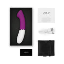 LELO GIGI 3 App Controlled G Spot Vibrator Deep Rose in packaging with accessories, USB charger, and warranty card.
