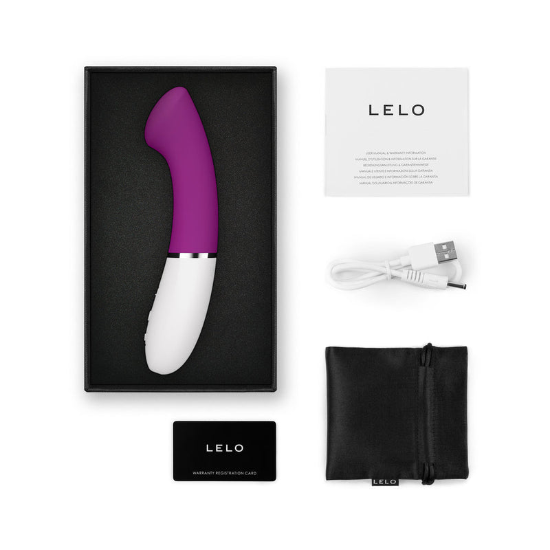 LELO GIGI 3 App Controlled G Spot Vibrator Deep Rose in packaging with accessories, USB charger, and warranty card.