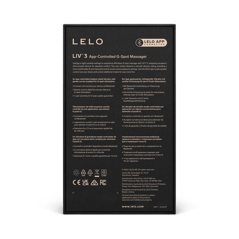 LELO LIV 3 App Controlled G Spot Vibrator Powder Blue packaging details and features on the back.
