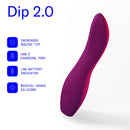 Dame Dip 2.0 Classic Vibrator Plum showcasing its features like squish tip, USB-C port, and medical-grade silicone.