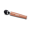Le Wand Die Cast Rechargeable Massager Rose Gold on a white background showcasing its elegant design and control buttons.