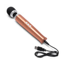 Le Wand Die Cast Rechargeable Massager Rose Gold with USB charging cable and control buttons.