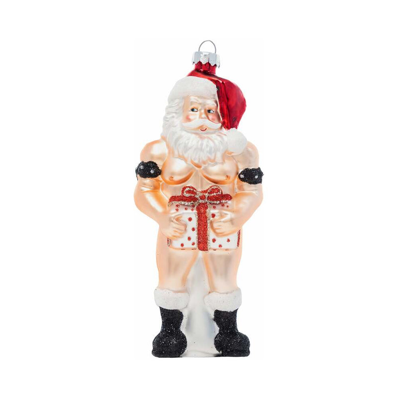 Cheeky Pornament Stiff Package - humorous Christmas ornament featuring a muscular Santa with a gift package.