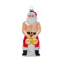 Cheeky Pornament Big Balls Claus ornament featuring a muscular Santa holding two golden balls.