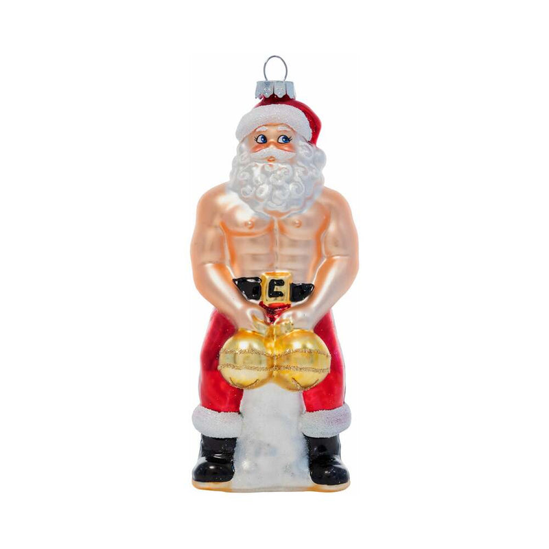 Cheeky Pornament Big Balls Claus ornament featuring a muscular Santa holding two golden balls.
