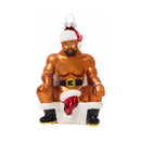 Cheeky Pornament Boss Hog, hand blown glass ornament featuring a humorous muscular figure in a Santa hat.