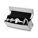 Njoy Disco Stainless Steel Dildo in elegant silver storage case, showcasing luxurious design and smooth sculptural form.