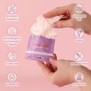 Sweetums Individual Wipes Honey Lavender in hand, highlighting vegan, cruelty-free, and ph balanced features.