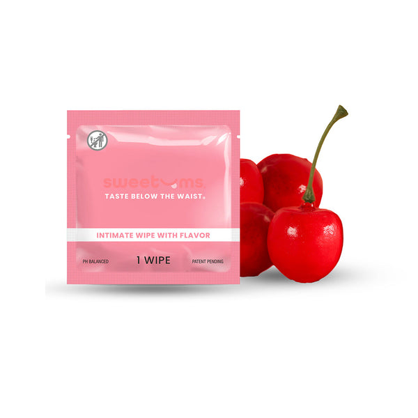 Sweetums Individual Wipes Cherry packaging with cherry fruit, offering a flavored intimate wipe in a discreet wrapper.
