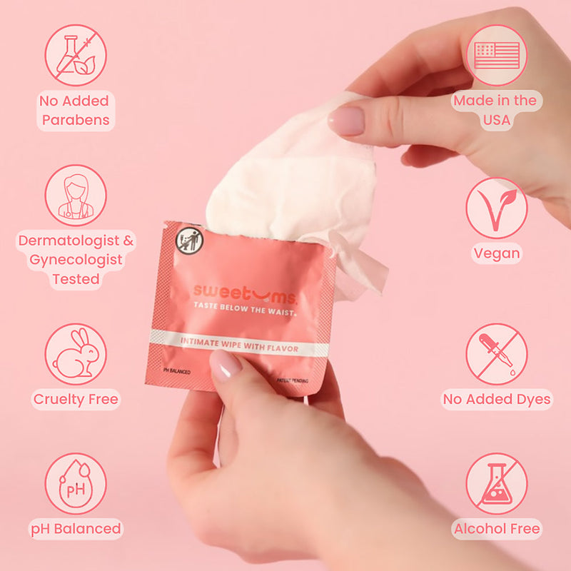 Sweetums Individual Wipes Cherry in discreet packaging, perfect for refreshment anytime, featuring cherry scent and flavor.