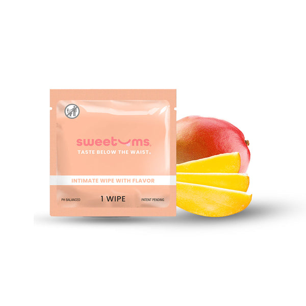 Sweetums Individual Wipes Mango packaging with mango slices, promoting freshness and tropical flavor.