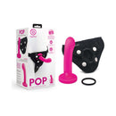 Together Pop 6 inch Silicone Dildo & Harness Set Pink displayed in packaging with accessories.