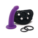 Together Tilt 7 inch Vibrating Dildo & Harness Set Purple featuring the dildo and harness with bands.