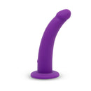 Together Tilt 7 inch Vibrating Dildo & Harness Set Purple displayed from the side view on a white background.
