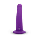 Together Tilt 7 inch Vibrating Dildo & Harness Set Purple featuring a sleek, curved design for targeted stimulation.