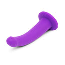 Together Tilt 7 inch Vibrating Dildo & Harness Set Purple, featuring a uniquely curved silicone design for targeted pleasure.