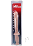 Doc Johnson Manhandler 10-inch flesh-colored dildo with veined shaft in packaging, featuring a police baton styled handle for easy grip