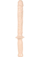 White 14.5-inch Doc Johnson Manhandler PVC dildo with lifelike veined shaft and police baton styled handle for easy grip.