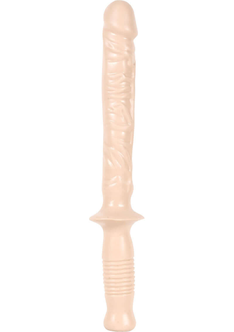 White 14.5-inch Doc Johnson Manhandler PVC dildo with lifelike veined shaft and police baton styled handle for easy grip.