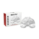 Adam & Eve Peek-a-booty Clear Dual Entry Masturbator beside its packaging, showcasing the crystal-clear design.