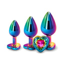 Adam & Eve Rainbow Heart Anal Plug Training Set featuring three graduated metal plugs and a heart-shaped jewel.