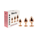 Adam & Eve Rose Gold Pink Heart Anal Plug Training Set with three graduated plugs in elegant packaging.