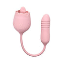 Adam & Eve Thrust & Tickle Rose Dual Vibrator with rose-shaped clitoral stimulator and thrusting vibrator.