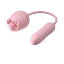 Adam & Eve Thrust & Tickle Rose Dual Vibrator featuring a rose-shaped clitoral stimulator and a slim thrusting vibrator.