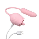 Adam & Eve Thrust & Tickle Rose Dual Vibrator in pink with USB charging cable for enhanced pleasure.