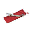 Adam & Eve Glass Fairy Wand Dual Ended Dildo displayed in a red velvet pouch, featuring an elegant, iridescent design.