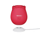 Adam & Eve Eve's Ravishing Suction Rose Clitoral Stimulator in red with white charging base