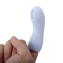Adam & Eve Cum To Me Finger Vibrator Periwinkle held in hand, showcasing its ergonomic design and features.