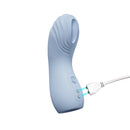 Adam & Eve Cum To Me Finger Vibrator Periwinkle shown in blue, featuring a charging cable.