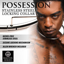 Master Series Possession Stainless Steel Locking Collar S worn by a model, highlighting its design and secure locking mechanism.