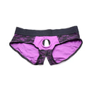 Strap U Lace Envy Pegging Set Purple and Black lingerie-inspired lace harness with crotchless design.