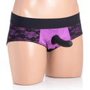 Strap U Lace Envy Pegging Set Purple and Black featuring a lace harness with silicone dildo.