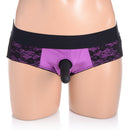 Strap U Lace Envy Pegging Set Purple and Black featuring a lace harness and silicone dildo for confident strap-on play.